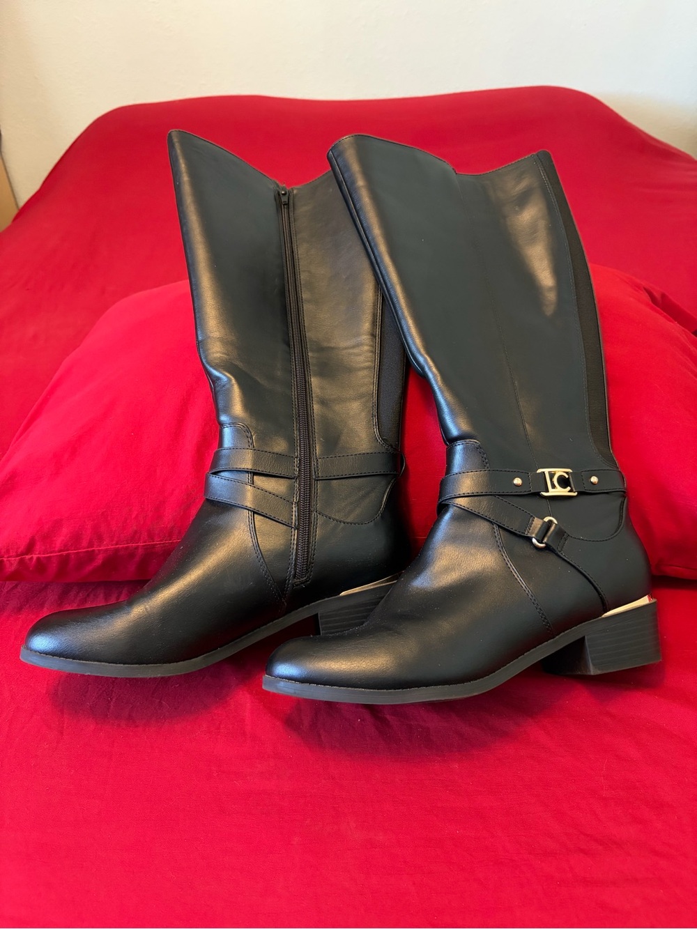 Liz Claiborne Black Leather Knee-High Riding Boots with Gold Accent And Zipper